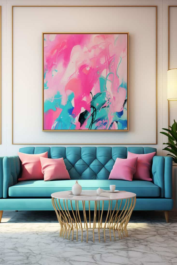 vibrant living room with teal and pink decor. Add a colorful painting behind the teal sofa