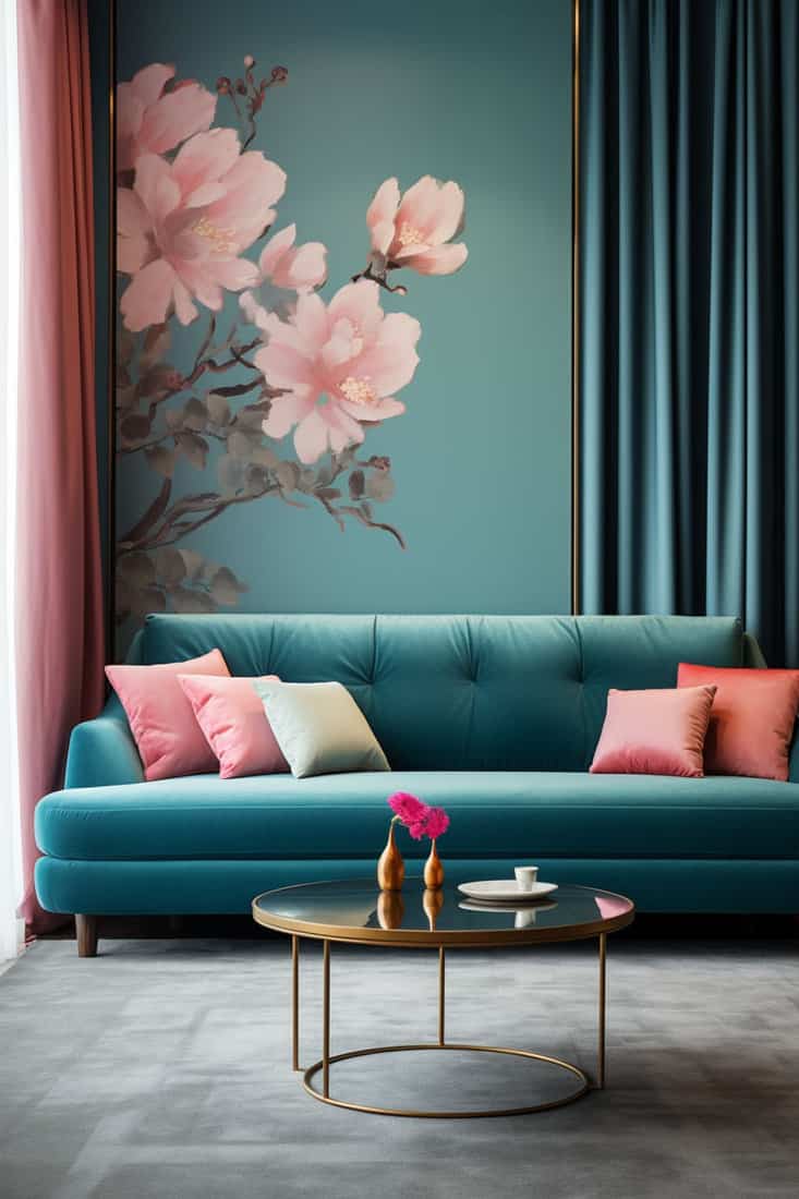 living room with a teal sofa paired with pastel-colored pillows. Incorporate teal and pink drapes, with a flower-covered wall backdrop