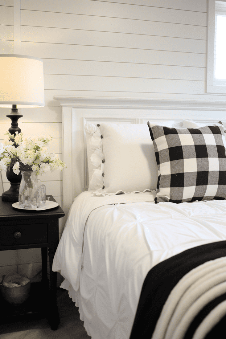 RV bedroom highlighting white shiplap accent wall, unique lighting, and black, white, and neutral color decor showcasing a simple, clean, country charm