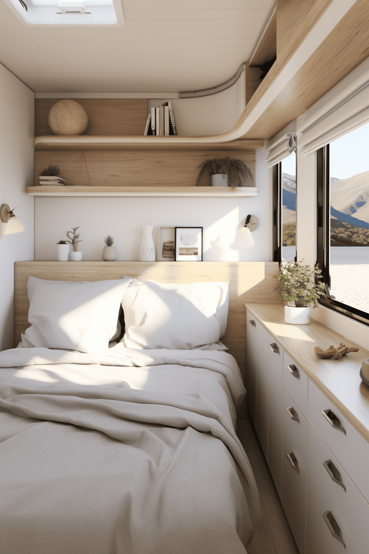 RV bedroom featuring open corner shelving, minimal surface space, and decor painted inside and out for a stylish makeover