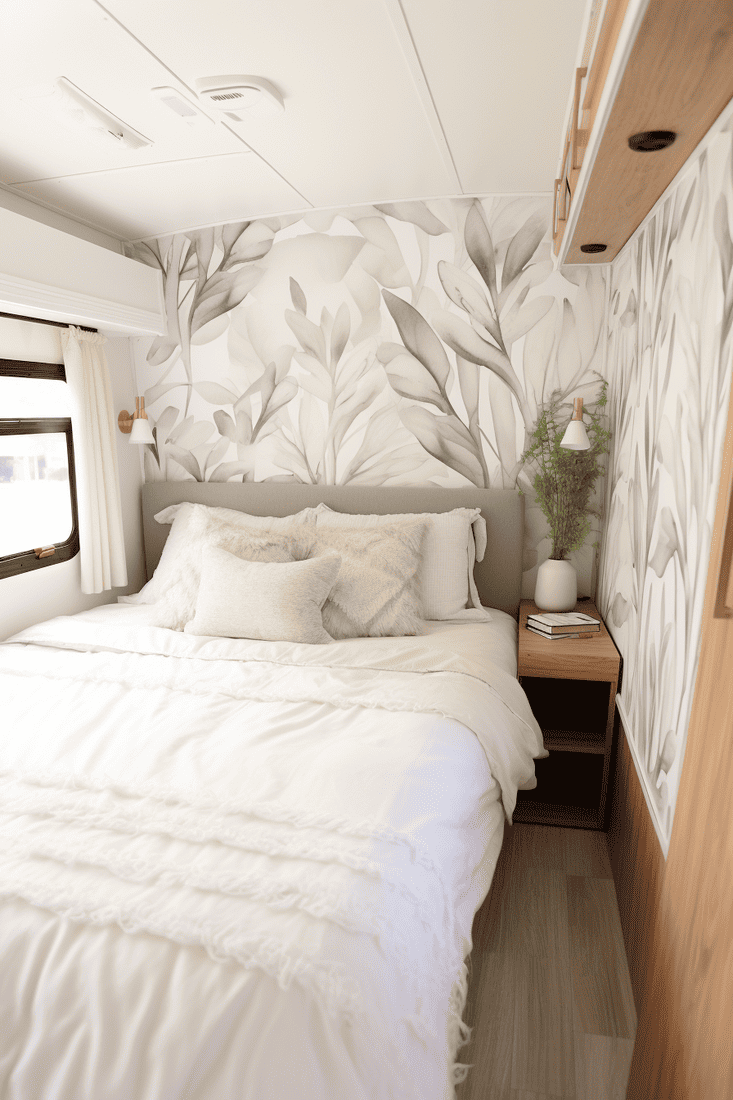 RV bedroom with an accent wall featuring neutral leafy pattern wallpaper behind the bed, illustrating a unique character