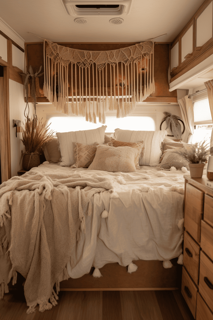 RV bedroom focusing on warm earth tones like clay red, taupe, and sage, complemented by cabinet mirrors, light, and macrame fringe, harmonizing with wood grain