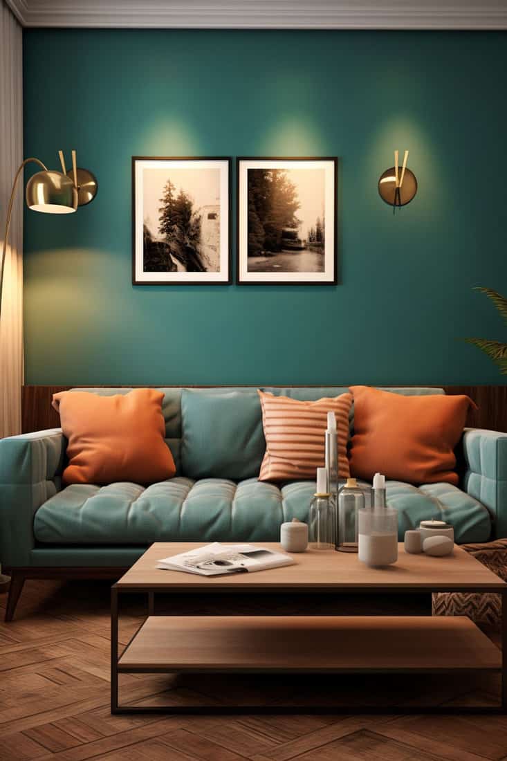 living room with teal walls and teal sofa. Incorporate tans and browns in the decor, with varied shades of chairs and table