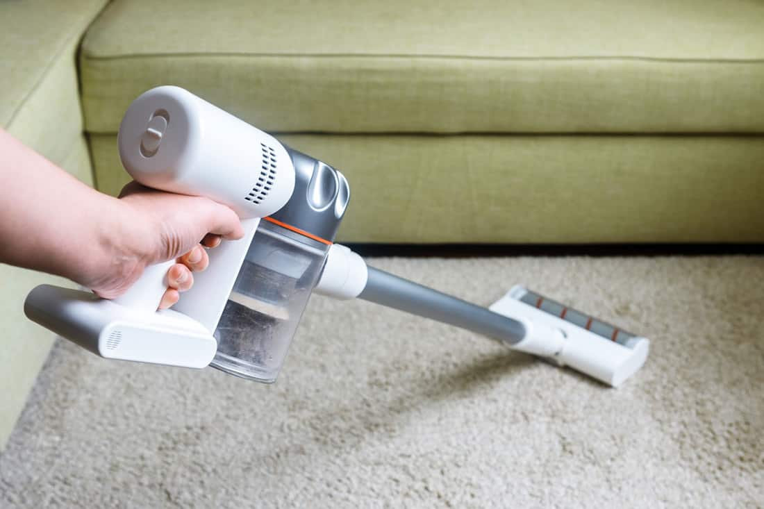 Wireless vacuum cleaner used on carpet in room. Housework with new upright hoover. Person holds modern white vacuum cleaner by sofa, Does Vacuuming Damage Carpet?