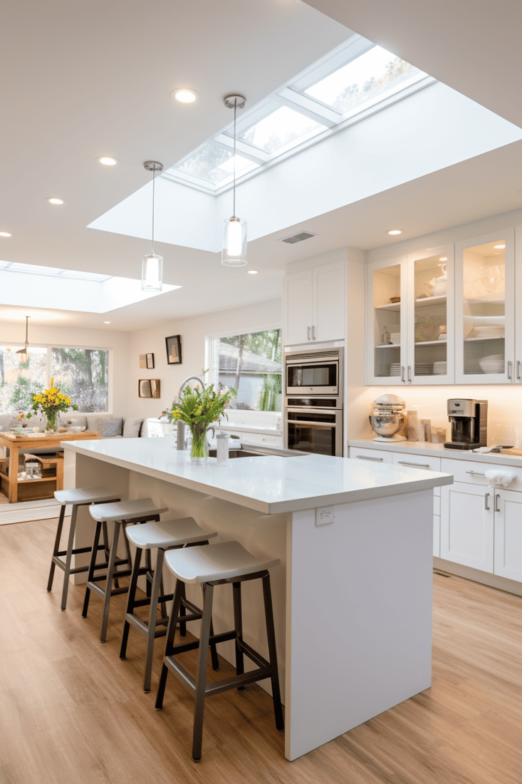 a hyperrealistic image of White Room Recessed Lighting in a kitchen. Showcase the clean and modern design of the recessed lighting fixtures, providing a bright and inviting atmosphere in the kitchen