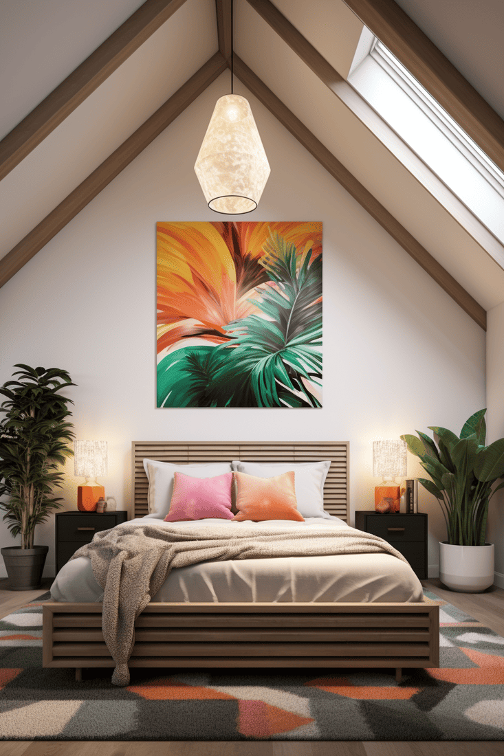 a photorealistic depiction of a Boho chic sloped ceiling bedroom with a tall headboard and colorful lighting and decor.