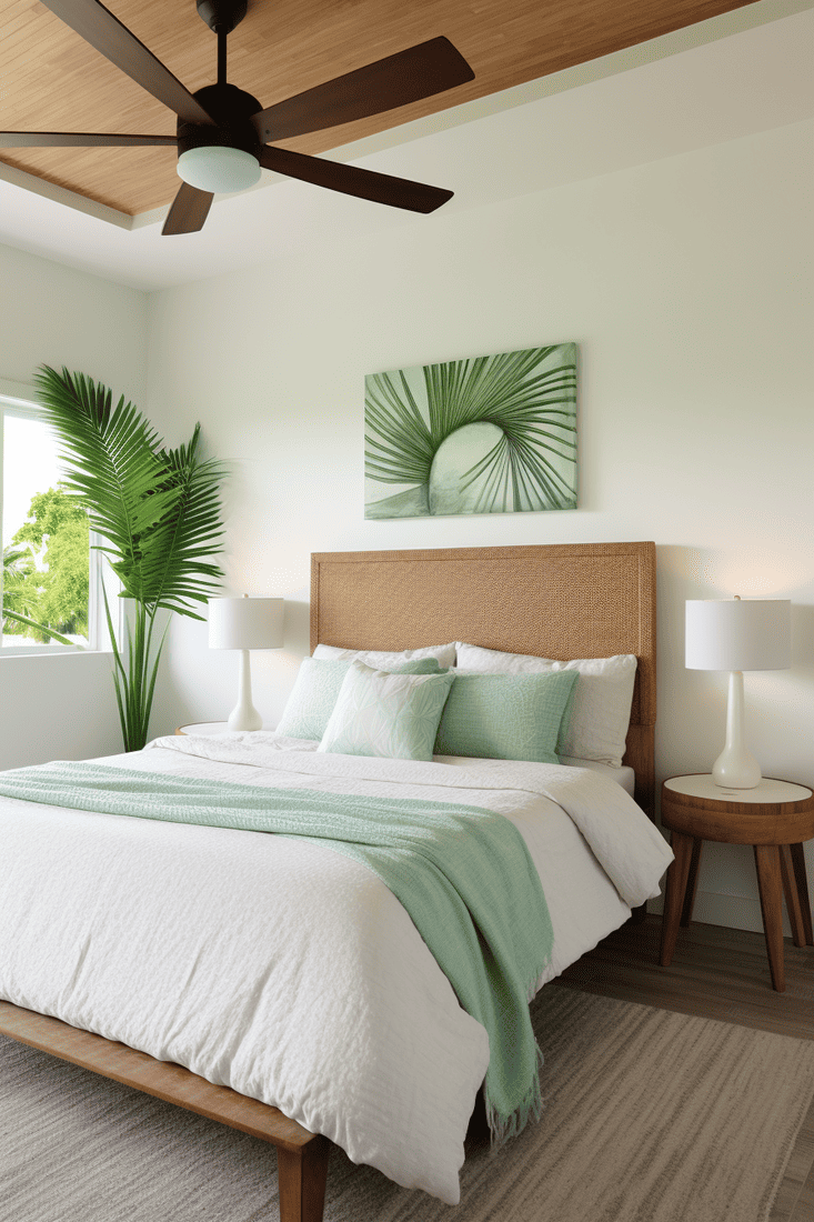a photorealistic image of a bedroom with a tropical and nautical theme, featuring a tropical ceiling fan.