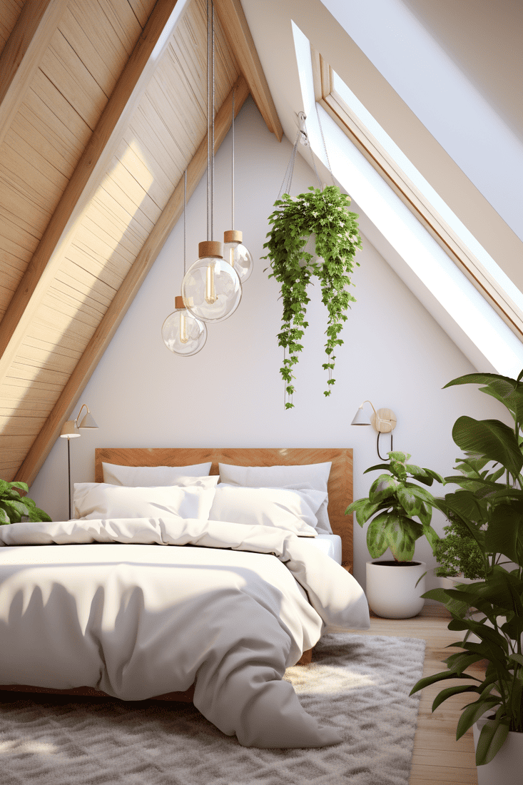 a photorealistic representation of a modern sloped ceiling bedroom with an indoor garden theme.