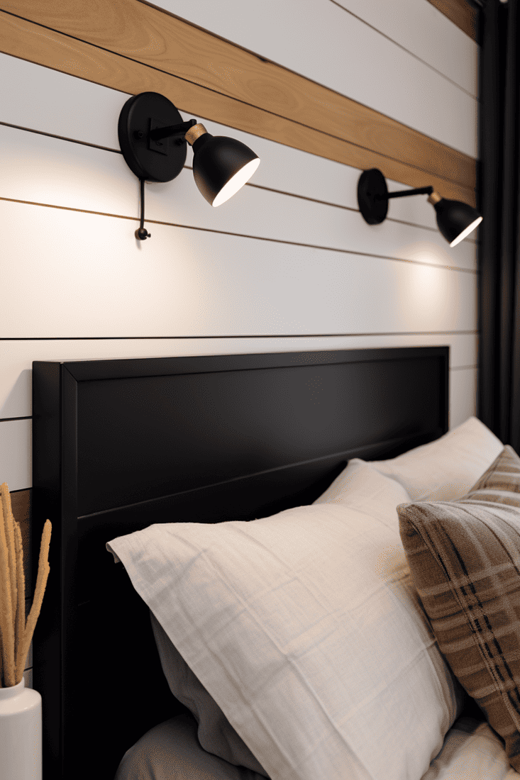 modern RV bedroom highlighting updated black wall sconce lights on either side of the bed, coupled with black, white, and earth tones, complemented by shiplap