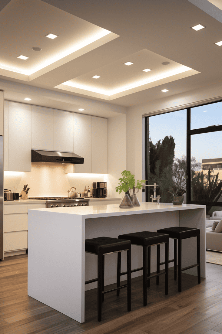 hyperrealistic image of Boxed Recessed Lighting in a kitchen. Showcase the sleek and modern boxed lighting fixtures integrated into the kitchen ceiling, providing a contemporary and well-lit ambiance