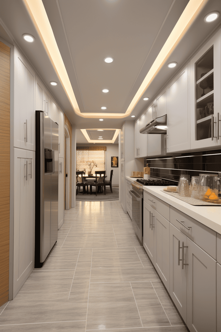 hyperrealistic image of Hallway Recessed Lighting integrated into a kitchen. Showcase the lighting fixtures in the kitchen ceiling, emphasizing their functionality and modern design