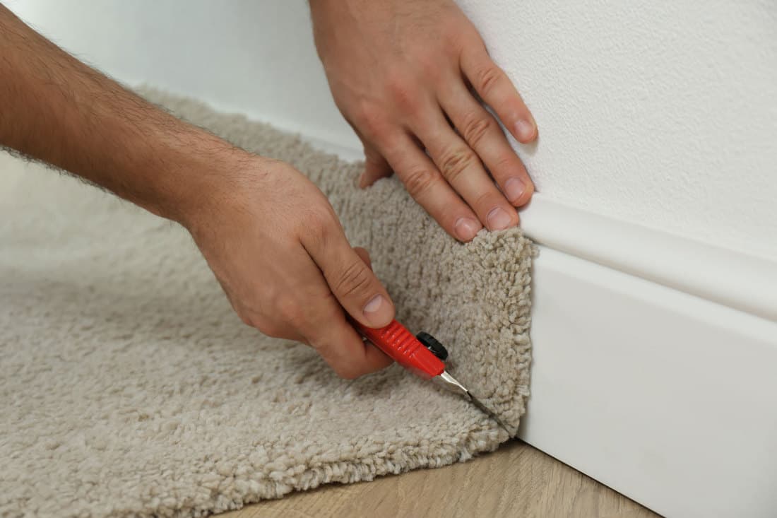 A carpet installer using a cutter to trim the carpet in the living room, 10 Of The Best Tools For Cutting Carpet