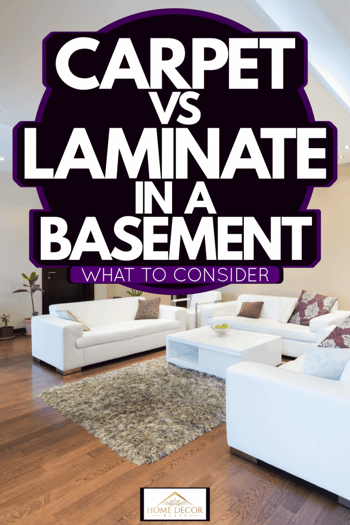 A gorgeous basement with laminated flooring, white painted walls, and pot lighting, Carpet Vs Laminate In A Basement - What To Consider
