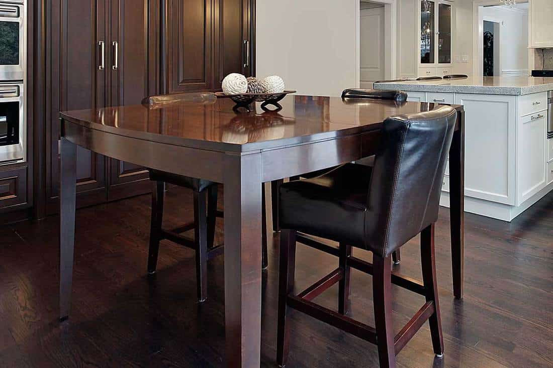 Dining table with leather seats and dark wood floor, What Color Dining Table For Dark Wood Floors?