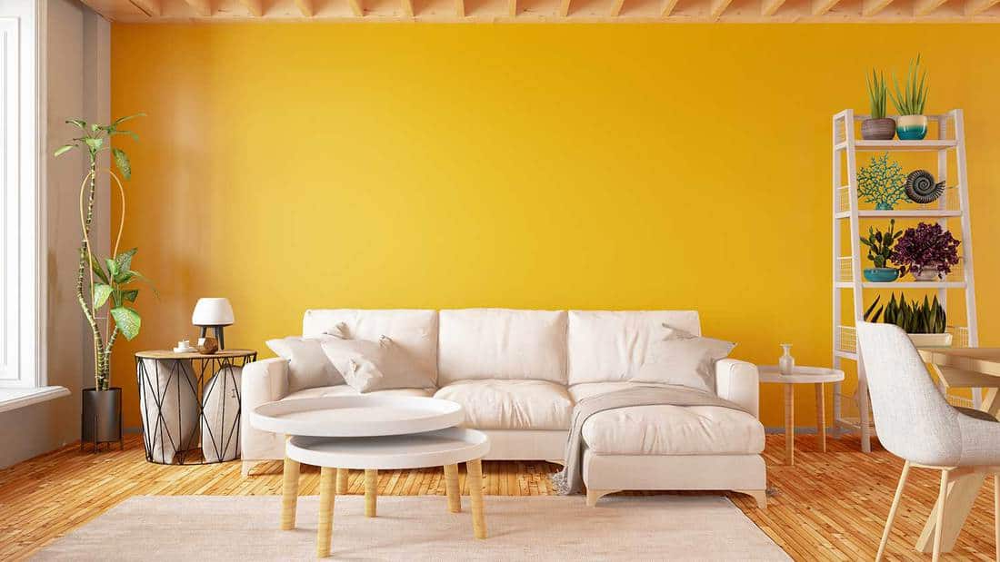 Modern interior design sofa with yellow wall