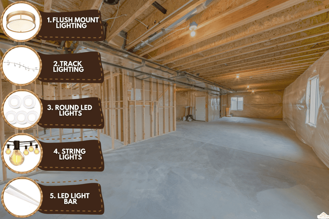 Unfinished basement interior with woodframes and windows, Best Lighting For Unfinished Basement Ceiling [5 Options Explored]