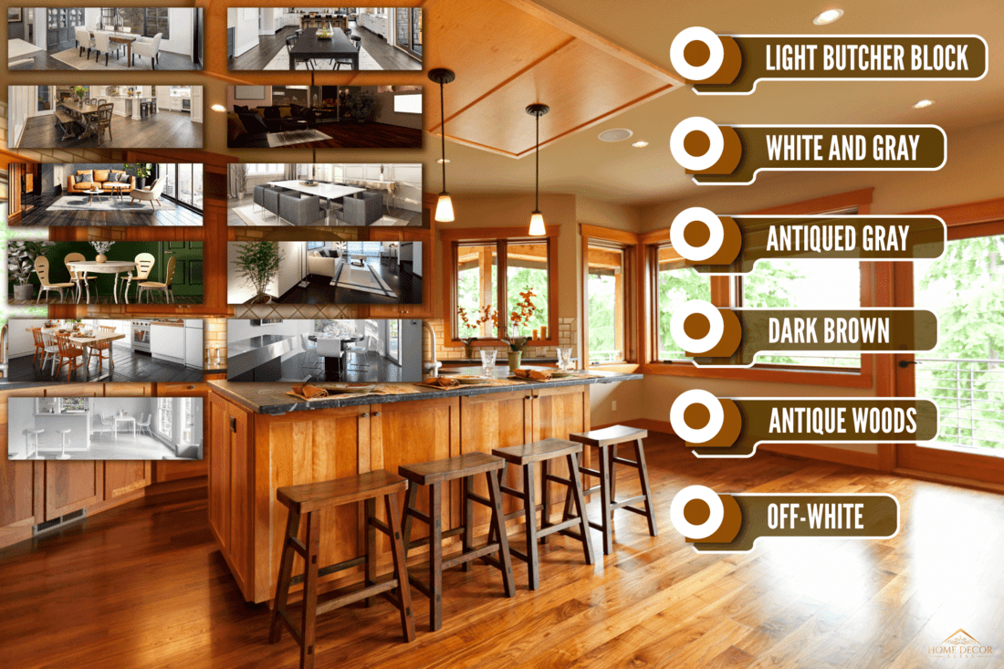 A breakfast bar inside an extremely rustic kitchen matched with wooden chairs and dangling lamps, What Color Dining Table For Dark Wood Floors?