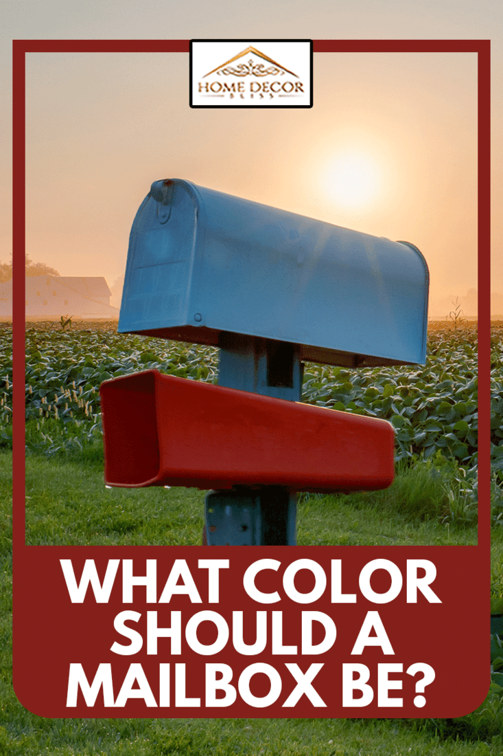 White mailbox with orange newspaper holder on post with farm field and morning sun in background, What Color Should A Mailbox Be?