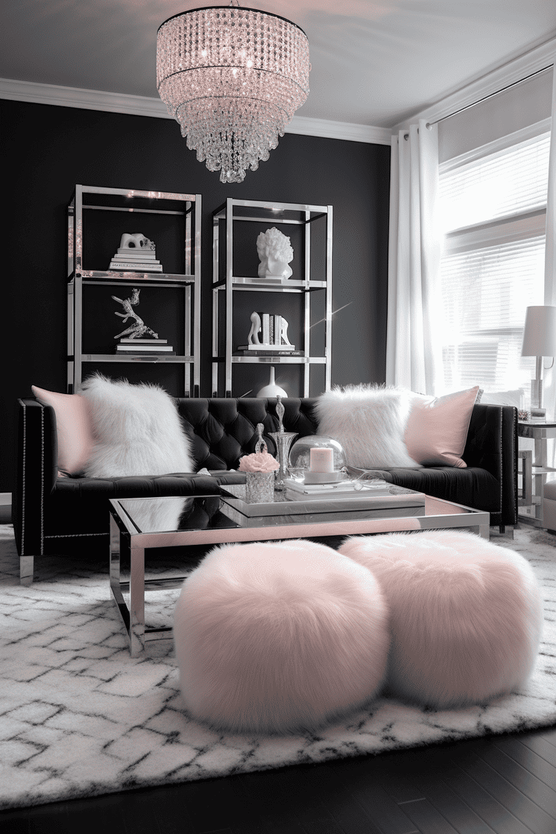 A black glam living room with a black couch, pink fur, light pink ottomans, a silver mirrored metal table, a crystal chandelier, and a gray and white rug