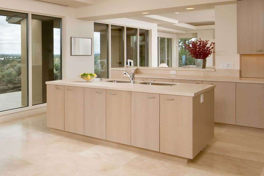 A modern beige tile kitchen with island, What Color Paint Goes With Beige Tile In The Kitchen?