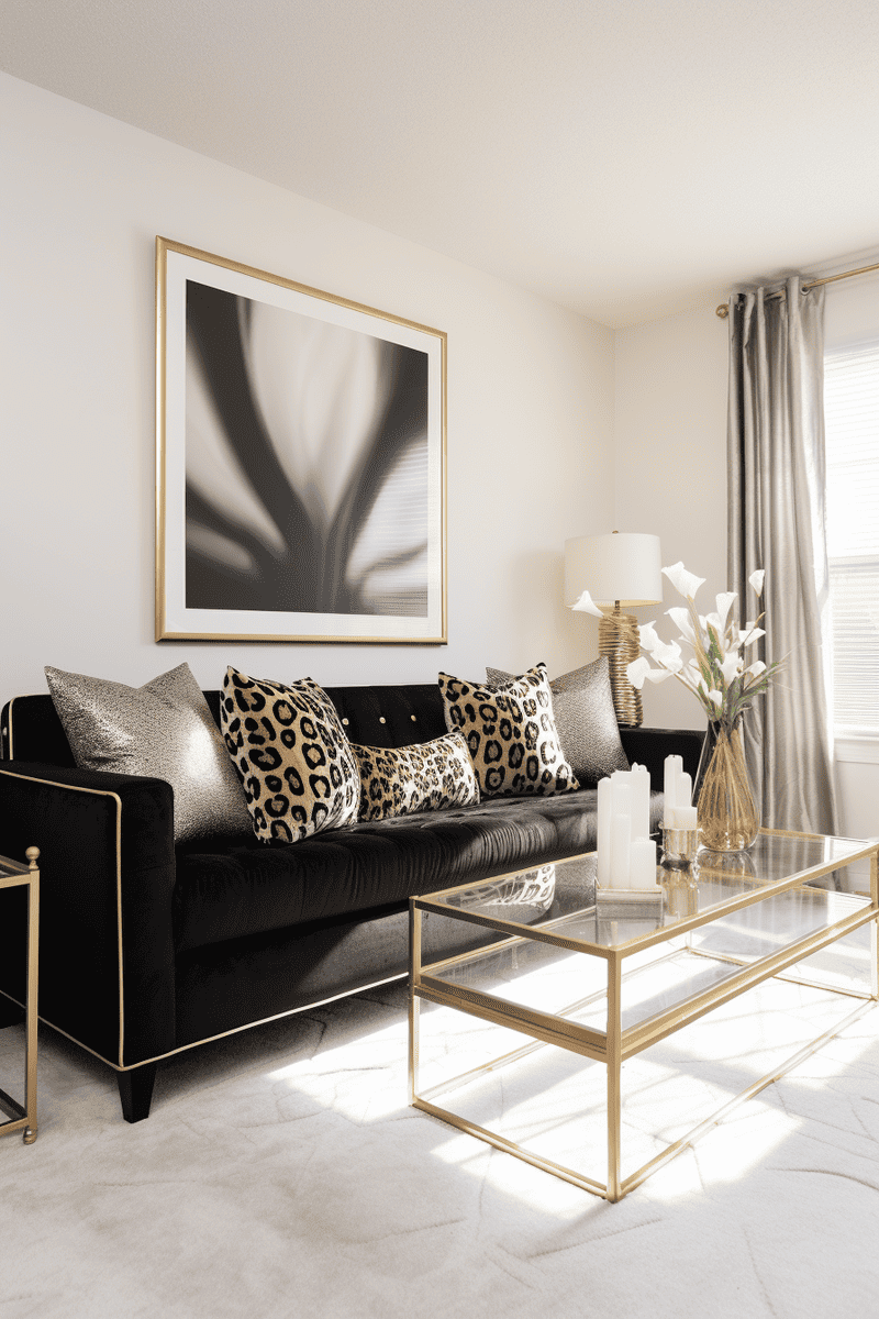 A photorealistic living room featuring leopard print pillows, gold wall art, white rug, and white side tables.