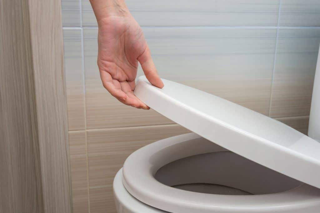 A woman opening the toilet seat