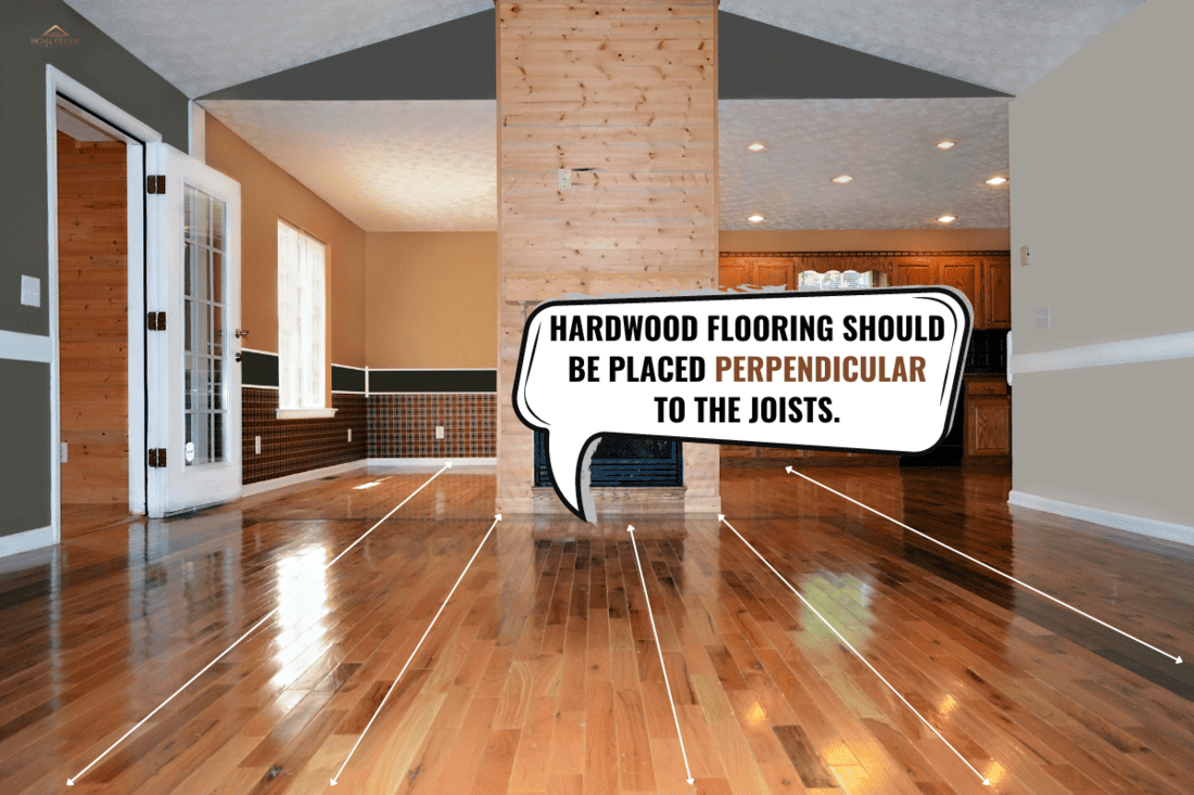 An empty living area with a fireplace. Behind it is the dining and kitchen area. - Should Hardwood Floors Change Direction?