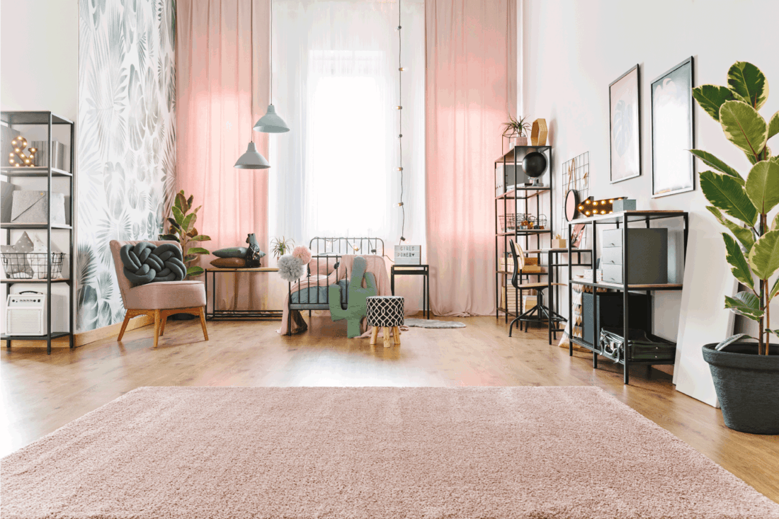 Bright spacious teenage girl room interior with metal bed, pink drapes and soft carpet on the floor