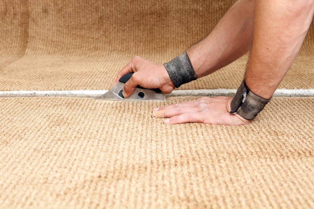 Carpet installer using cushion back cutter, How To Use A Cushion Back Carpet Cutter