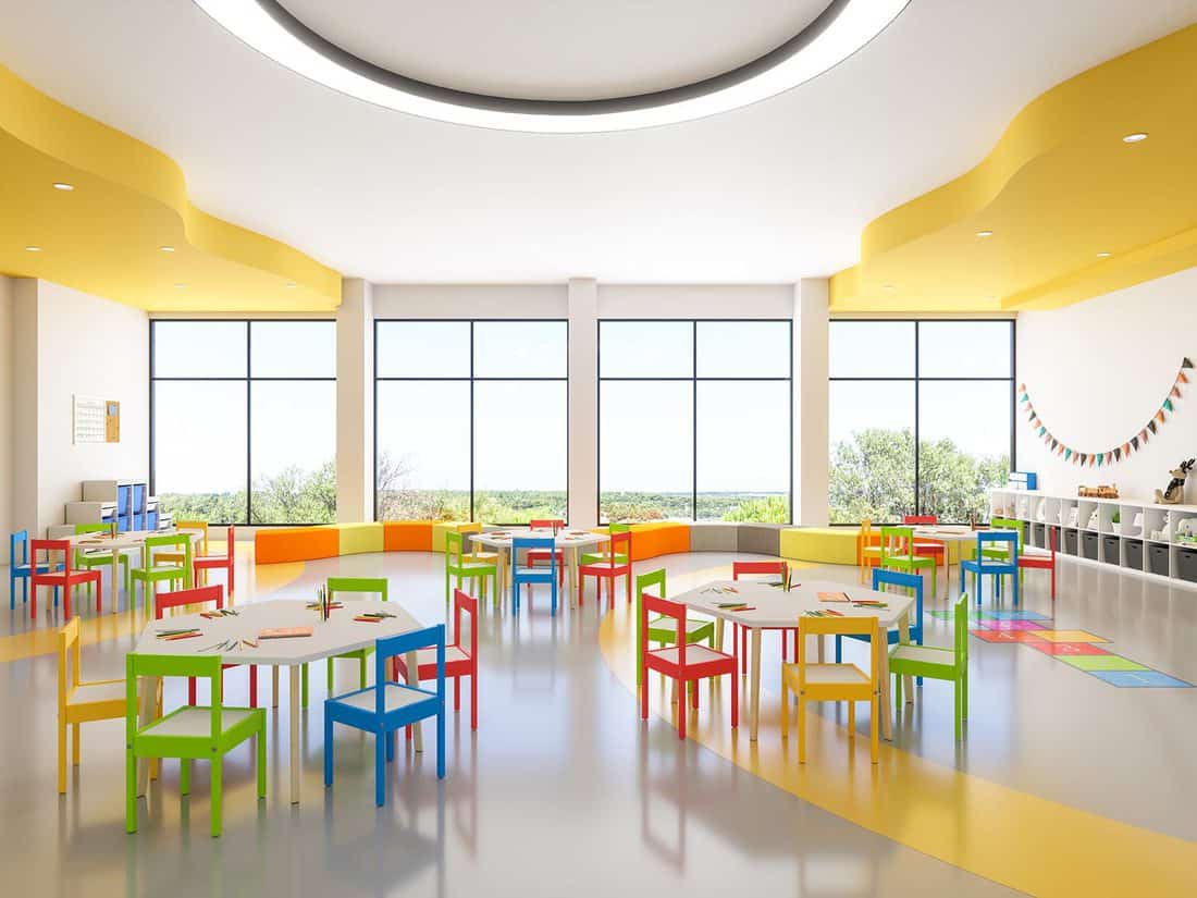 Classroom of Pre-school with colorful chairs