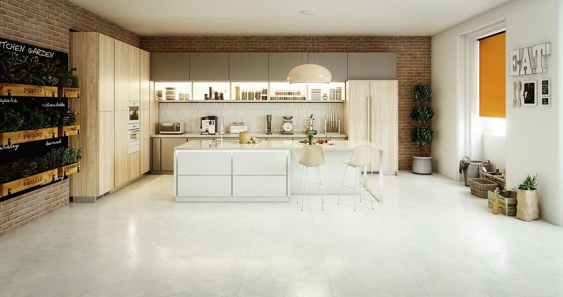 Domestic kitchen interior design with a modern kitchen counter with island