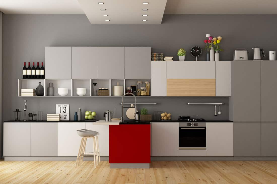 Gray and white modern kitchen with red island, What Color Kitchen Cabinets Go With Grey Walls?