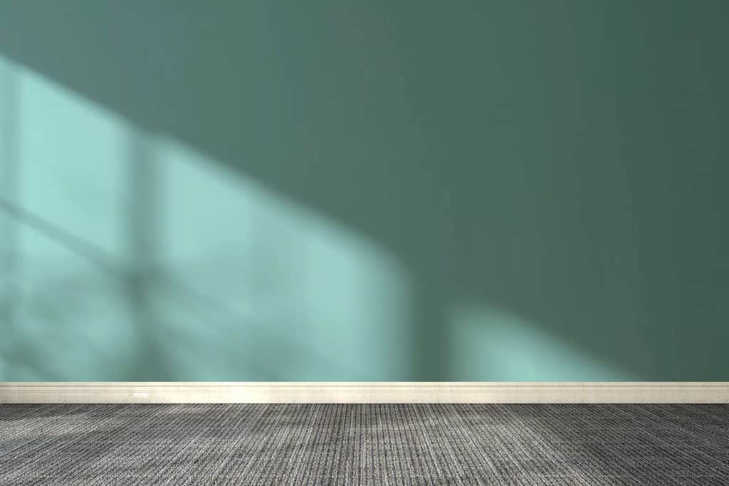 Green wall and white baseboard and grey carpet flooring