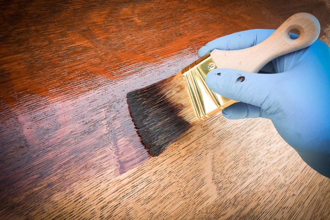Hand holding brush shows how to apply brown mahogany stain to raw oak wood furniture or floor.