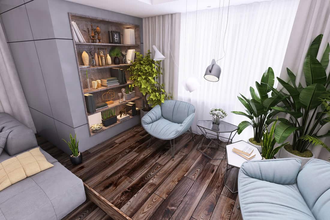 Interior of a modern living room designed with hardwood flooring, indoor plants, and gray sofas, 11 Great Coffee Table Ideas For Small Spaces