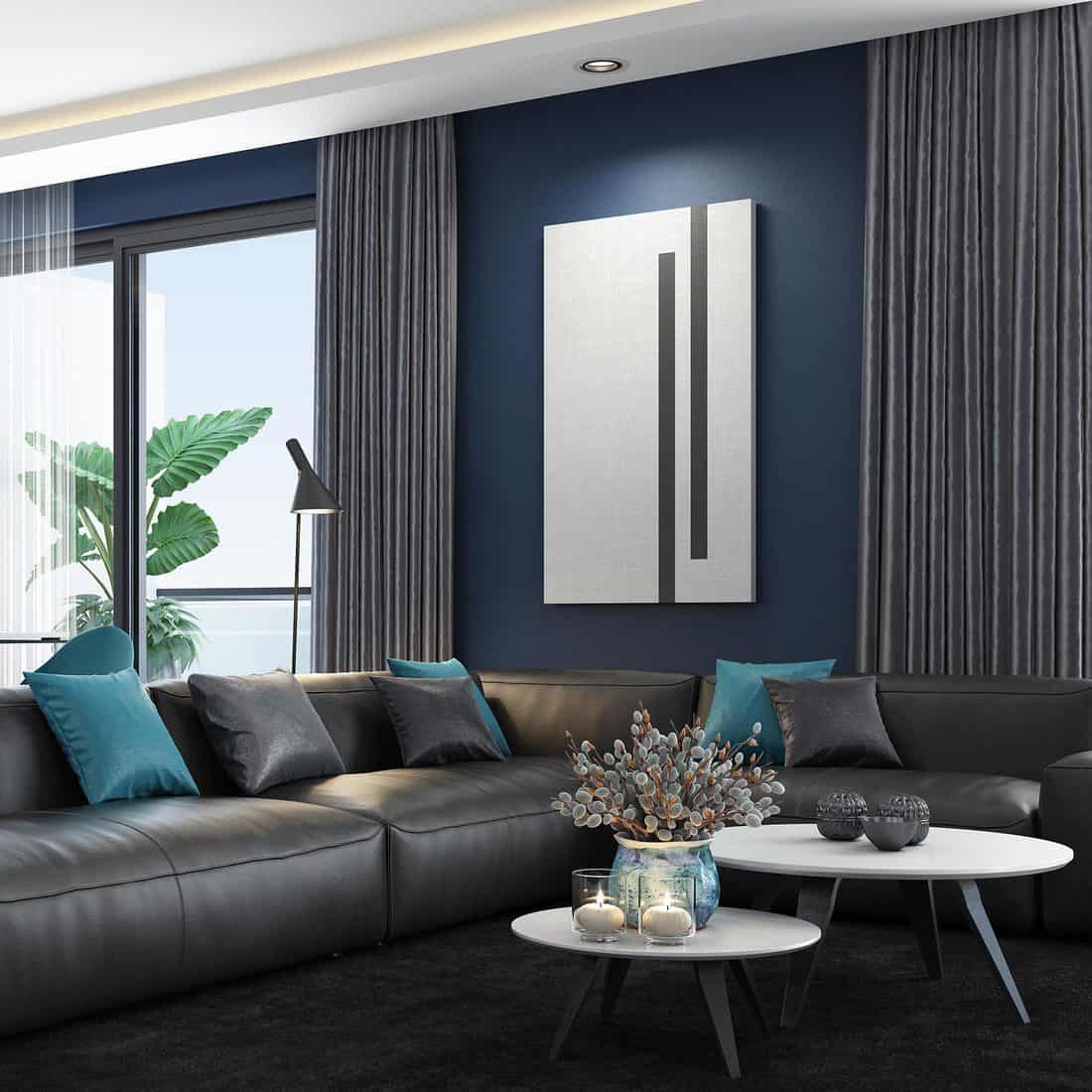 Luxury apartment with living room interior with black corner sofa