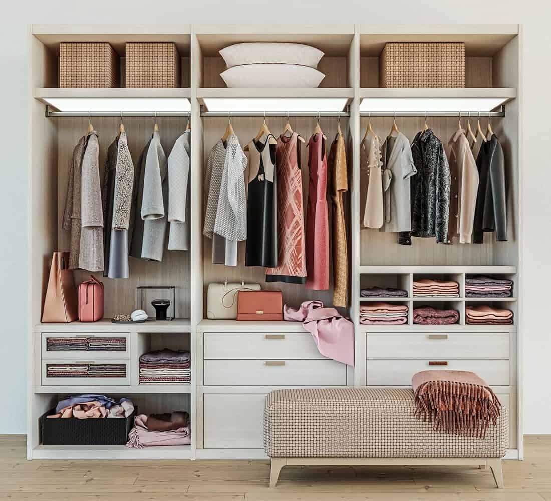 Modern wooden wardrobe with women clothes hanging on rail in walk-in closet