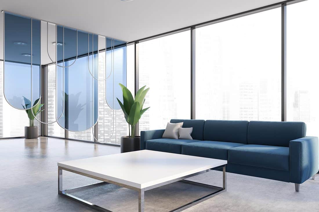 Panoramic office lounge area with blue couch