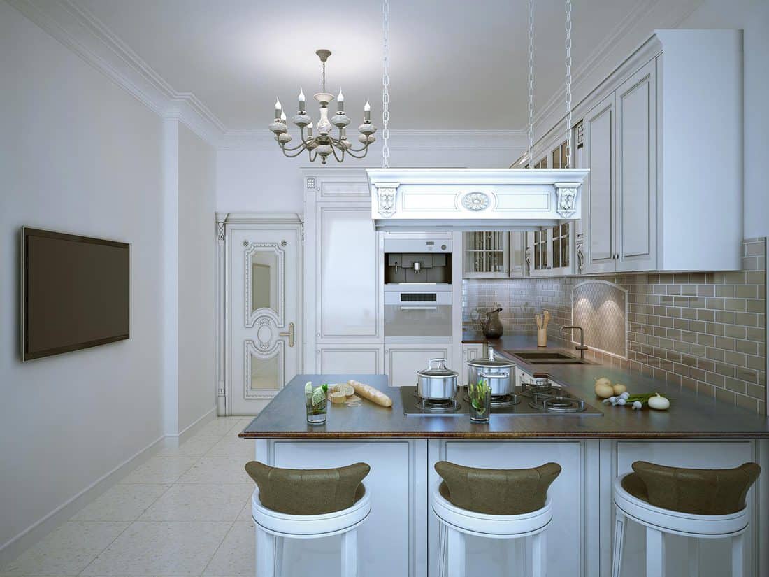 Provence design of kitchen with chandelier