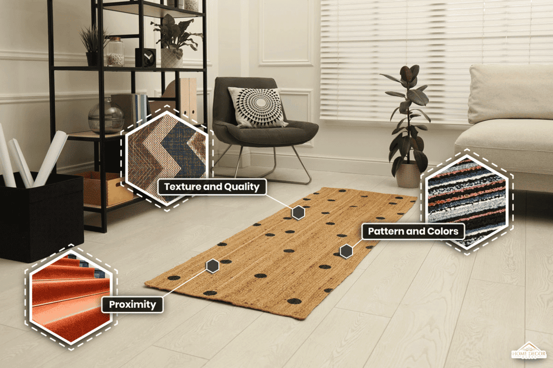 Stylish room interior with modern furniture and wicker runner rug, Should A Runner And Area Rug Match?
