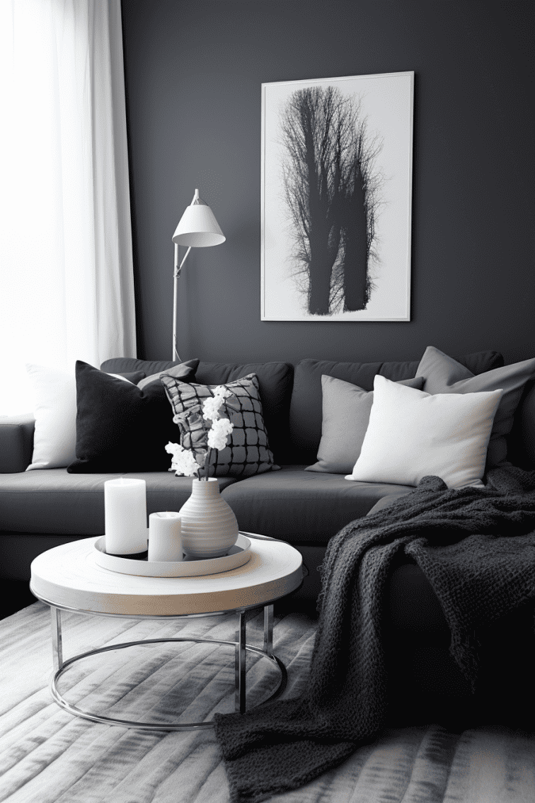 The room is adorned with a blanket, adding a layered, comfortable look and a black couch