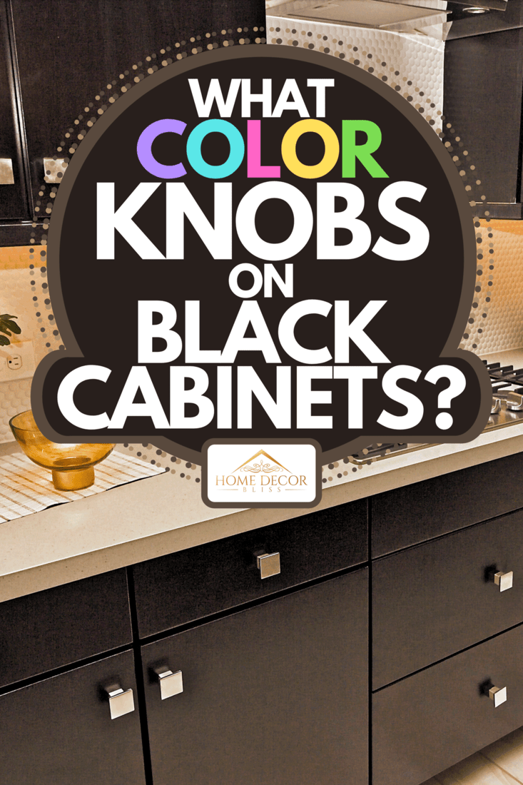 A kitchen counter top with cook top and decorator items, What Color Knobs On Black Cabinets?