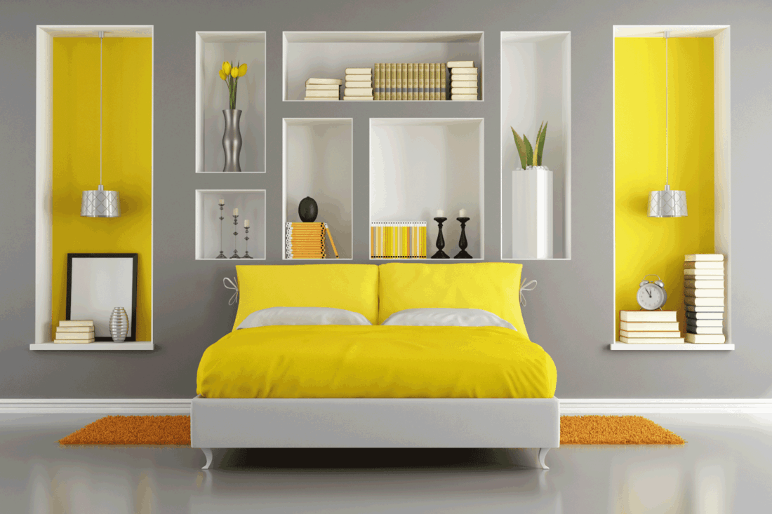 Yellow and gray modern bedroom with double bed and niche