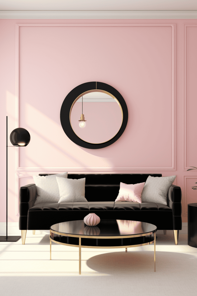 a photorealistic and feminine living room with a black couch.