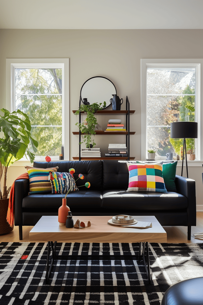 a photorealistic and inviting living room with a plush couch, colorful patterns on the throws.
