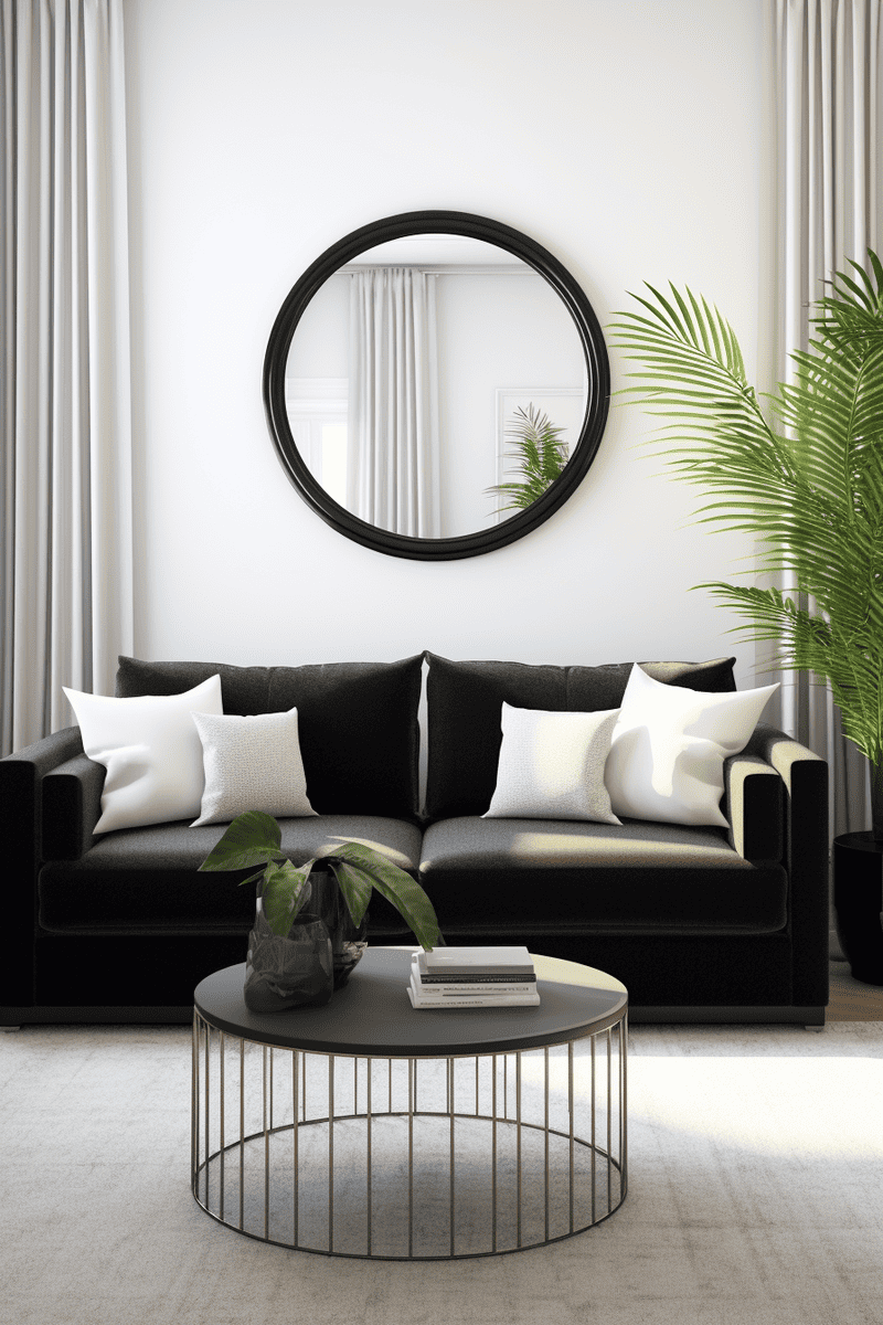 a photorealistic and spacious living room with a black couch. 
