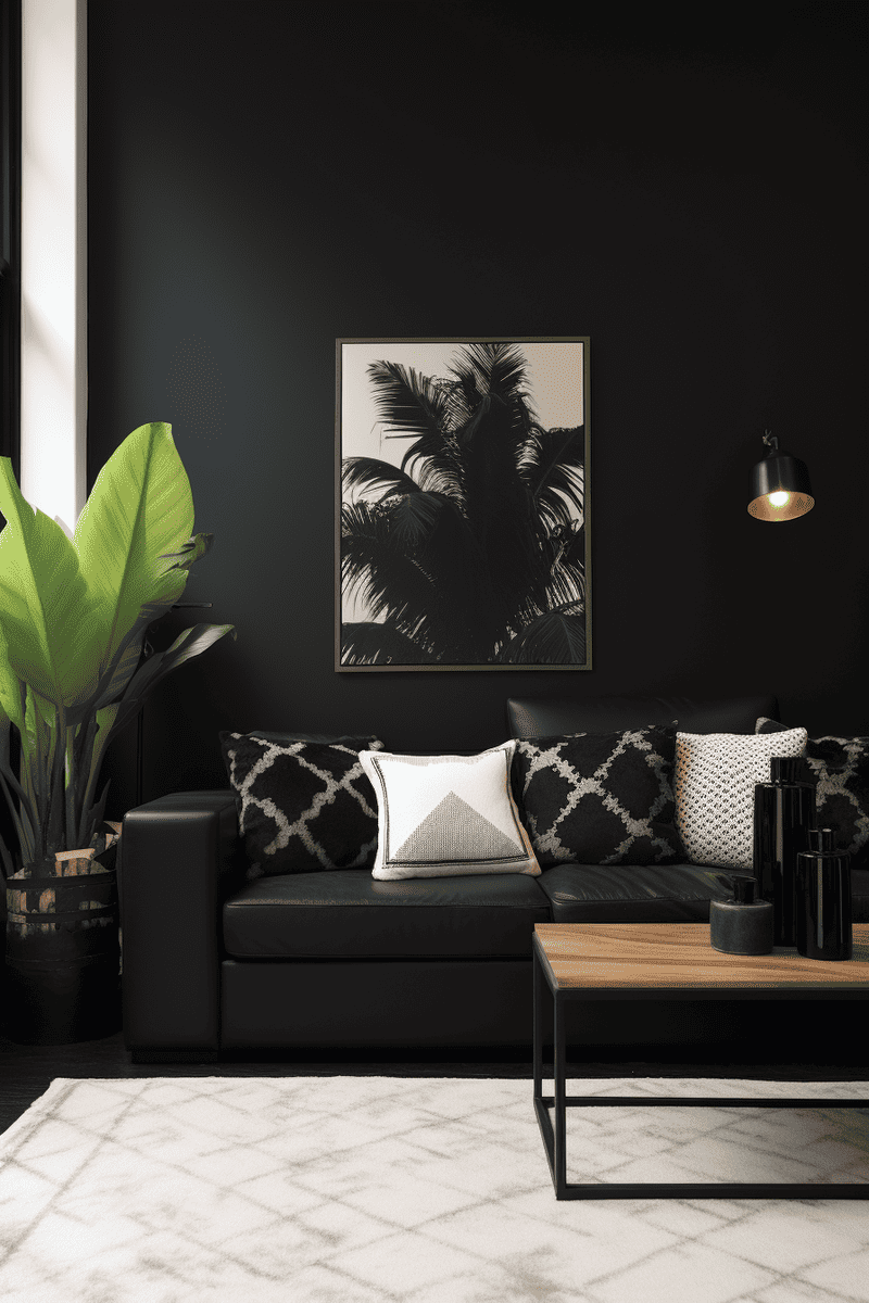 a photorealistic living room with a predominantly dark color scheme. 