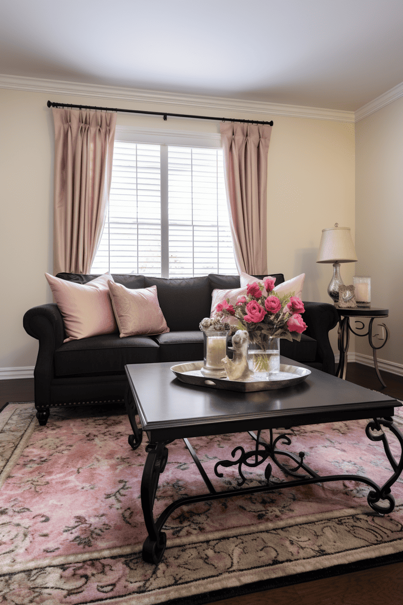 a room with a traditional decor style, featuring a throw rug adorned with creams, pink, and browns