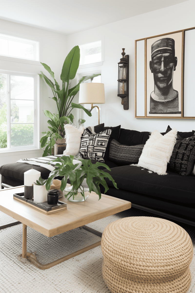 a dramatic, showstopper living room with throws on the couch, black 