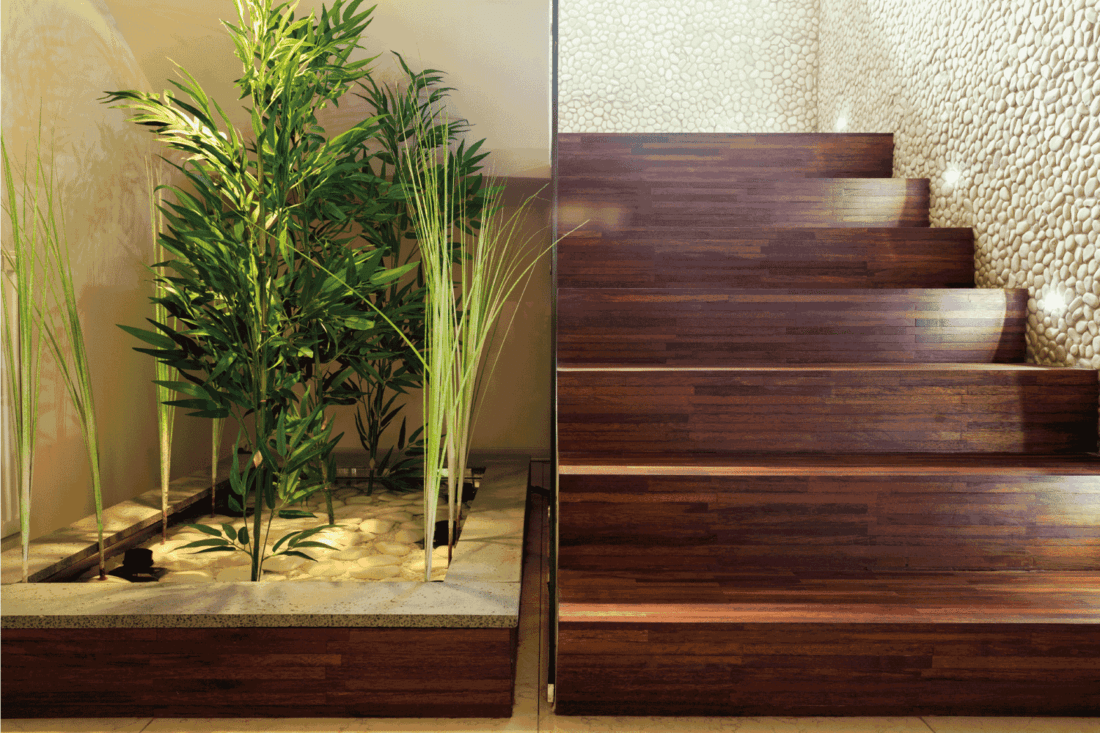 indoor stairway with no overhang, plants on the vacant space